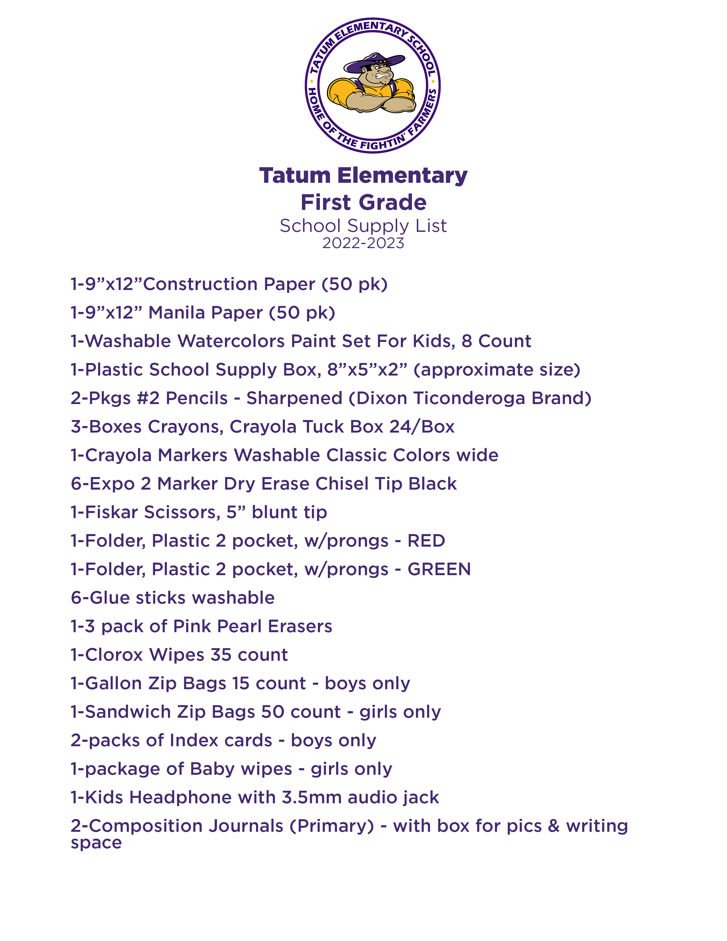 School Supply Lists! Tatum Elementary School